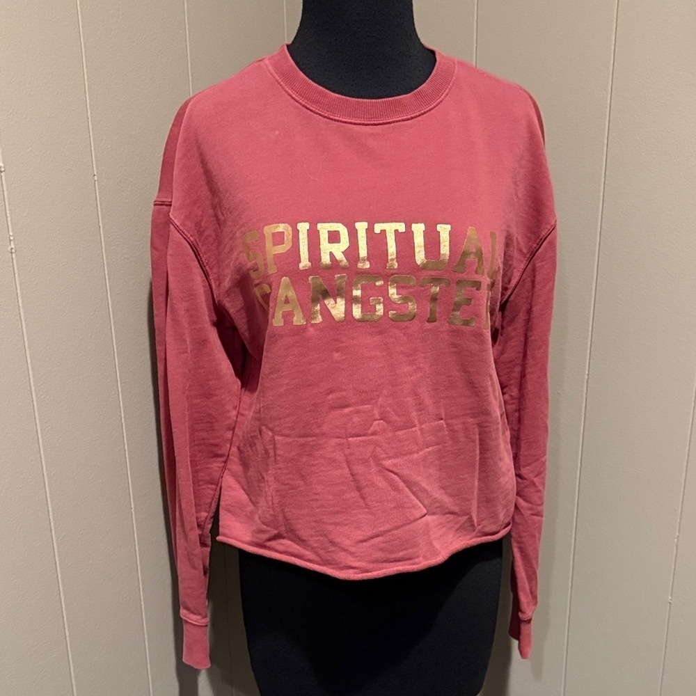 Spiritual Gangster XS Gold Lettering Pink Crew Neck Sweater Cropped Lounge